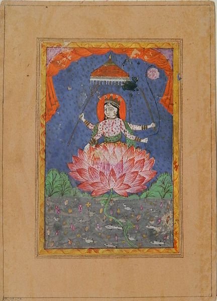 19th c. Indian, Pahari School painting: 19th c. Indian, Pahari School- Devi- pigment on paper. 7 1/4 x 4 3/4''