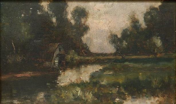 Max Weyl oil: Max Weyl- Landscape with Mill By Stream- oil on canvas, signed Max Weyl lower right. 9 1/2 x 16''