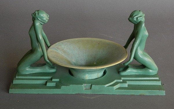 Frankart Inc. centerpiece: Frankart Inc. centerpiece, with inset Fulper Pottery bowl, bowl has ink stamped signature. 6 1/2 x 14 x 5 1/2''