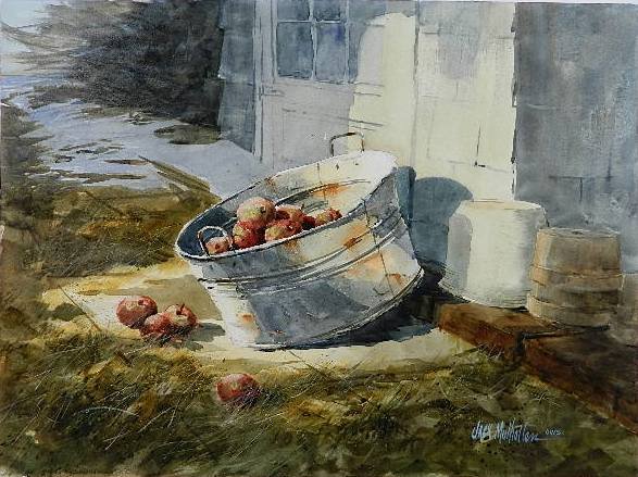 Jack Mulhollen watercolor: Jack Mulhollen- ''Jack's Harvest''- watercolor on illustration board, 1989, signed Jack Mulhollen OWS lower right. 14 1/4 x 19 1/2''