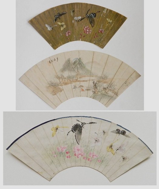 3 19th c. Chinese fan paintings: 3 19th c. Chinese fan paintings- Old Buddhist Monastery in Mountains in Evening; Butterflies; Butterflies and Pink Flowers- 2 ink on paper and 1 watercolor on paper, some wear and minor loss. 8 x 16''