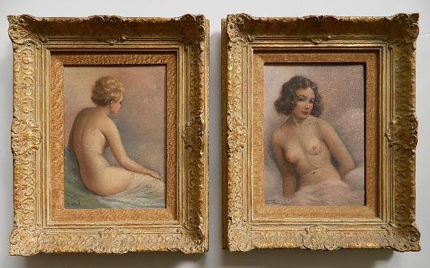 Jean Jannel 2 oils: Jean Jannel- Fames Nudes- 2 oils on canvas, both signed 'J. Jannel' lower left, good condition. 10 1/4 x 7 1/4'' ea.