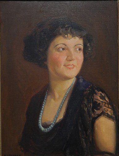 M. Grossman oil: M. Grossman- Woman in Blue Necklace- oil on artist's board. 25 x 16''