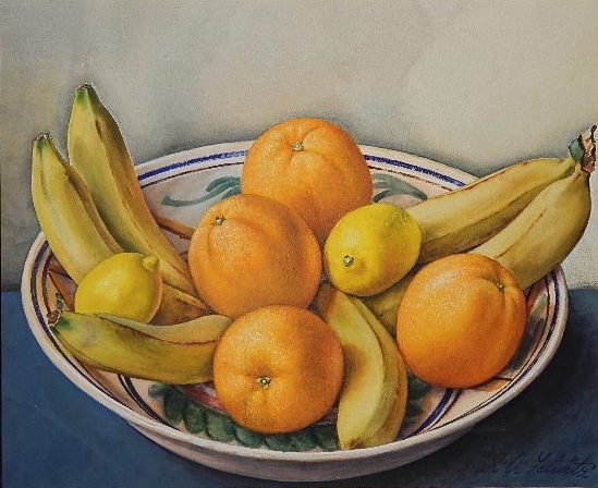 R. A. Schatz watercolor: R. A. Schatz- Fruit Still-Life- watercolor on cardboard, signed R. A. Schatz lower right. 13 x 16''