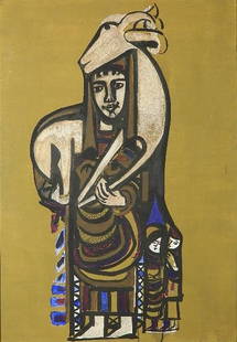 Bedri Rahmi Eyuboglu oil: Bedri Rahmi Eyuboglu- Woman and Goat- oil on canvas, 1964, signed B. Rahmi/ 1964 lower right, signed, dated and annotated 'Istanbul' verso. 39 x 27"