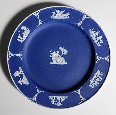 Wedgwood Jasperware plate: Wedgwood Jasperware plate in dark cobalt blue, marked on bottom, good condition. 9 3/4'' dia.