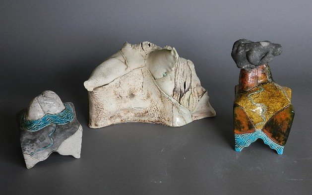 Wayne Higbee ceramic 2 boxes and 1 sculpture: Wayne Higbee- 2 partially glazed ceramic boxes in organic form, with removable lids; along with a large ceramic sculpture with a removable piece. Higbee was a student at the Cleveland Institute of Art
