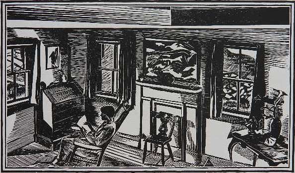 Fiske Boyd woodcut: Fiske Boyd- ''Interior''- woodcut, 1936, published by AAG in an edition of about 200, very good condition. 6 x 10 1/2''