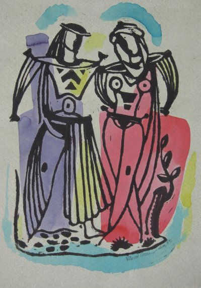 Konrad Cramer linocut: Konrad Cramer- Medieval Couple- linocut with hand-coloring, 1954, signed and dated May '54 in pencil, very good condition. 13 x 9''
