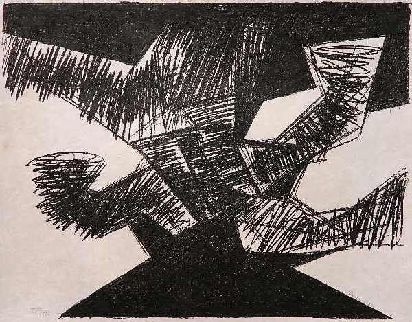 Hans Uhlmann lithograph: Hans Uhlmann- ''Erregt''- lithograph, 1964, signed, dated and numbered 20/35, from Europaische Graphix, various staining and foxing. 18 1/2 x 23 1/2''