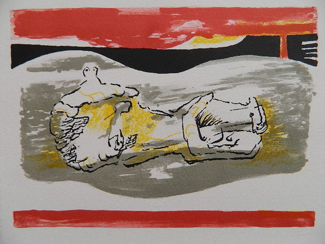 Henry Moore lithograph in colors: Henry Moore (British 1898-1986)- ''Reclining Figures- Red Stripe'' (Cramer 291)- lithograph in colors, 1973, signed and numbered 13/250 in pencil, very good condition. 8 7/8 x 8''