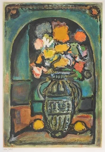 Georges Rouault aquatint: Georges Rouault (French 1871-1958)- ''Fleurs Decoratives'' (Wofsy 287)- aquatint in colors numbered 154/175 in pencil, printed by Lecouriere in 1960, minor staining in margins. 21 3/4 x 14 3/4''