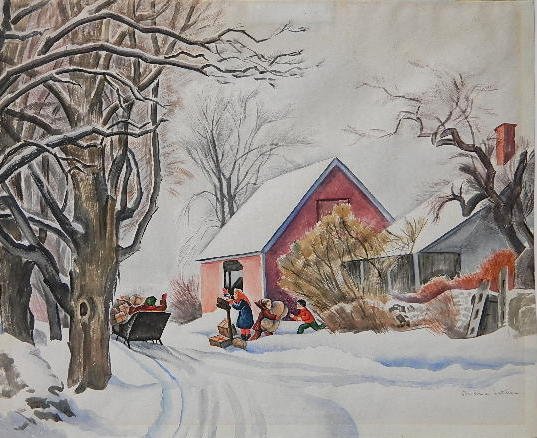 Barbara Latham watercolor: Barbara Latham (American 1896-1989)- Winter Fun- watercolor on paper, ca. 1940, signed Barbara Latham- lower right, some mat burn. 14 5/8 x 17 3/4''