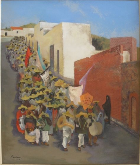 Irving Sinclair oil: Irving Sinclair (American 1895-1969)- ''Viva, La Viergen De Guadelupe''- oil on panel, 1956, signed Sinclair 1956 lower left, very good condition. 38 x 32''