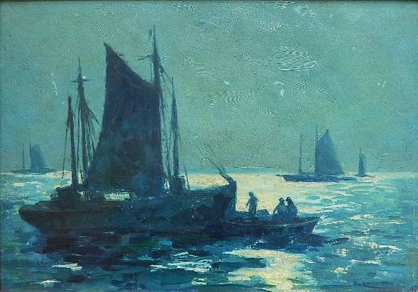 Tod Lindenmuth oil: Tod Lindenmuth (American 1885-1976)- ''The Fleet Coming In''- oil on masonite, signed Tod Lindenmuth lower right, signed, titled and annotated 'The Fleet Coming In / Tod Lindenmuth / Provincetown Mass