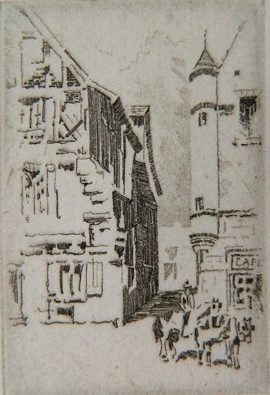 John Taylor Arms etching: John Taylor Arms (American 1887-1953)- ''Chinon'' (Fletcher 39)- etching, 1919, signed, dated and numbered 11/75 in pencil, very good condition. 3 x 2''