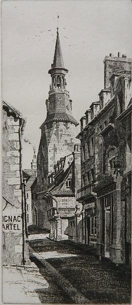 John Taylor Arms etching: John Taylor Arms (American 1887-1953)- ''La Tour de l'Horage, Dinan'' (Fletcher 246)- etching, 1932, signed, dated and annotated 'Ed 100 II' in pencil, 2nd state, French Church Series no. 33, age tone