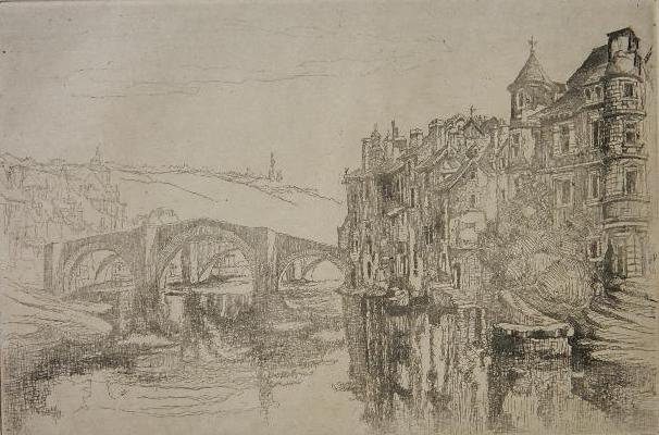 John Taylor Arms etching: John Taylor Arms (American 1887-1953)- ''Espalion'' (Fletcher 414)- etching, 1949, signed, dated 1950 and annotated in pencil ''I' sketch Espalion - Impression from [?], plate drawn, etched, printed i