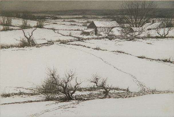 Kerr Eby etching: Kerr Eby (American 1889-1946)- ''Cattle Ford'' (Giardina 207)- etching, 1945, signed in pencil, edition of about 100, spots of staining in margins and image. 9 x 13 1/4''