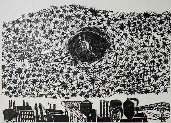 Antonio Frasconi woodcut: Antonio Frasconi (American 1919-2013)- Starry Night- woodcut, signed and titled in pencil, several creases along edges, otherwise good condition. 9 x 12 1/2''