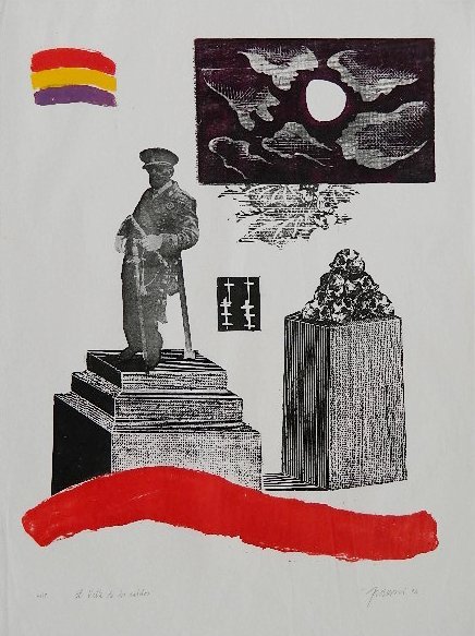 Antonio Frasconi mixed media on paper: Antonio Frasconi (American 1919-2013)- ''El Ville de los Caidos''- woodcut in colors, 1972, signed, dated, titled and numbered 2/35 in pencil, very good condition. 19 3/4 x 15 1/2''