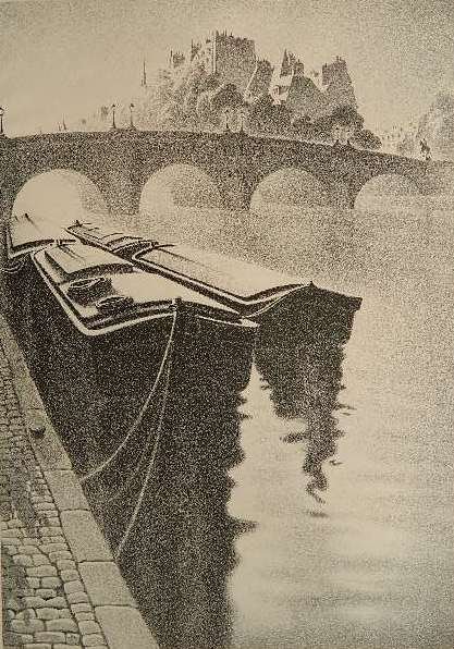 Ellison Hoover lithograph: Ellison Hoover (American 1888-1952)- Bridge and Boat- lithograph, ca. 1940, signed in pencil, very good condition. 13 1/2 x 9 1/2''