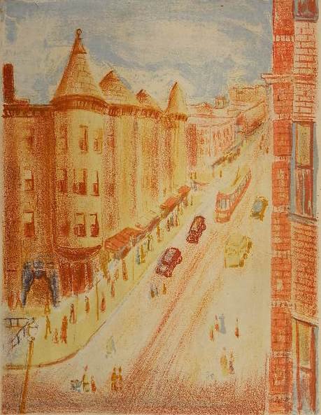 Max Kahn lithograph in colors: Max Kahn (American 1903-2005)- ''City Scape'' (Chicago)- lithograph in colors, 1938, signed, dated, titled and No. 5/12 in pencil, minor soiling in margins otherwise good condition. 17 x 12 3/4''