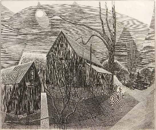 Armin Landeck engraving: Armin Landeck (American 1905-1984)- ''Moonlight In The Country'' (Kraeft 108)- engraving, 1951, signed in pencil, edition of 200, very slightly light struck, some soling in margins, otherwise very goo