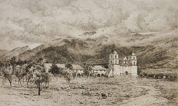 Peter Moran etching: Peter Moran (American 1841-1914)- ''Santa Barbara Mission Founded 1786'' (Wright 93)- etching, 1886, signed in pencil, some soiling in margins. 11 1/2 x 19 1/4''