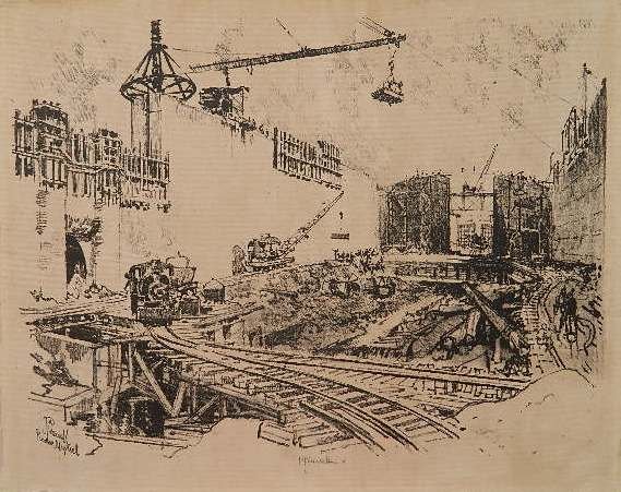 Joseph Pennell lithograph: Joseph Pennell (American 1857-1926)- ''Walls of Pedro Miguel Lock'' (Wuerth 233)- lithograph, 1912, signed in pencil, edition of 50, dry mounted to support board and loss and abrasions in the margins.