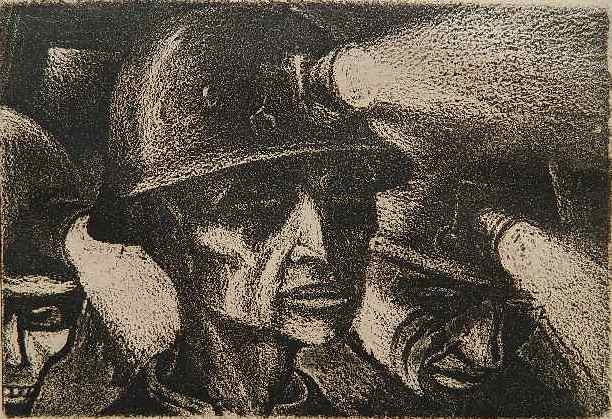 Harry Sternberg aquatint: Harry Sternberg (American 1904-2001)- ''Coal Miners'' (Moore 142)- aquatint, 1936-37, signed and titled in pencil, very minor staining in margins. 10 1/2 x 8 3/8''