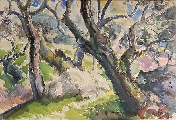 Henry G. Keller watercolor and gouache: Henry G. Keller (American 1869-1949)- ''Live Oaks''- watercolor and gouache on paper, signed H. G. Keller lower right. 15 1/4 x 22 1/4'' Exhibited: National Water Color Exhibition, Fine Arts Gallery, 