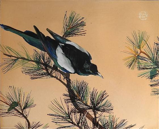 Henry G. Keller gouache: Henry G. Keller (American 1869-1949)- Blackbird in Pine Tree- gouache on paper, signed with monogram upper left. 25 x 20''