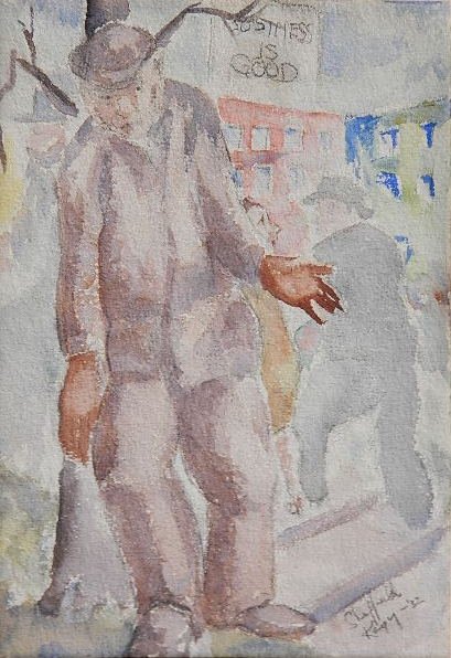 Sheffield H. Kagy watercolor: Sheffield H. Kagy (American 1907-1989)- ''WPA Worker''- watercolor on paper, 1932, signed Sheffield Kagy 32 lower right, very good condition. 9 1/2 x 6 1/2''