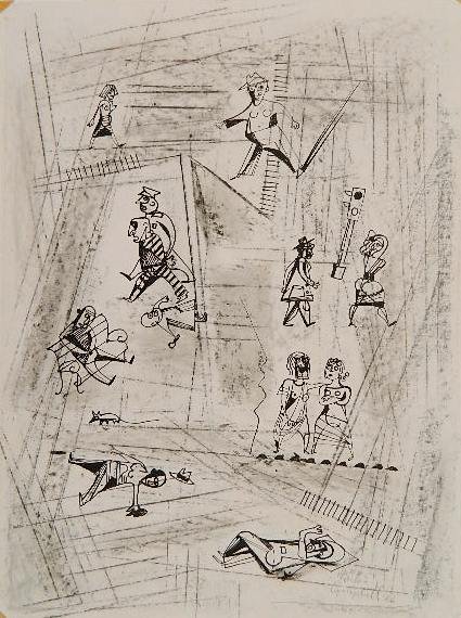 Charles Campbell pen and ink: Charles Campbell (American 1905-1985)- Group of Figures- pen and ink on paper, 1946, signed Charles Campbell '46 lower right, tape to corners. 11 x 8 1/4''