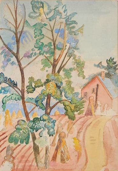 William Sommer watercolor: William Sommer (American 1867-1949)- Landscape with Horse and Haystacks- watercolor on paper mounted to illustration board, signed Wm. Sommer lower center. 18 x 12 1/2'' Provenance: John Paul Miller c