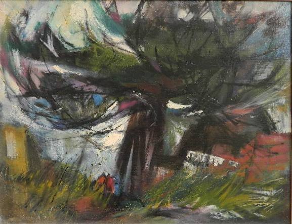 Jack E. Johnson oil: Jack E. Johnson (American 1933-1957)- Tree Filling Sky- oil on canvas, signed Johnson on the stretcher, very good condition. 20 x 26''