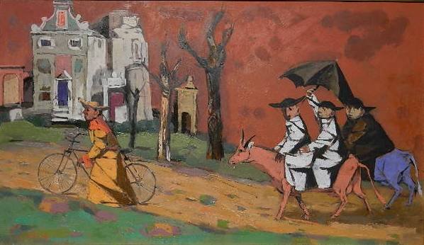 Louis Bosa oil: Louis Bosa (American 1905-1981)- ''Procession of Friars''- oil on masonite, signed Bosa lower left, very good condition. 14 x 24''