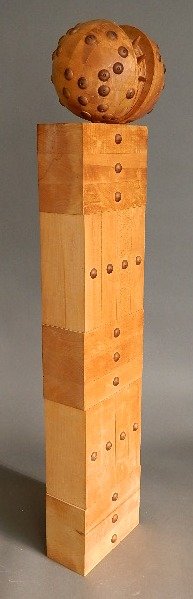 James Blevins wood sculpture: James Blevins (American 20th c.)- ''Neo Cosmic''- wood sculpture, note: missing two buttons. 35 1/2'' Provenance: Collection of Mort Epstein