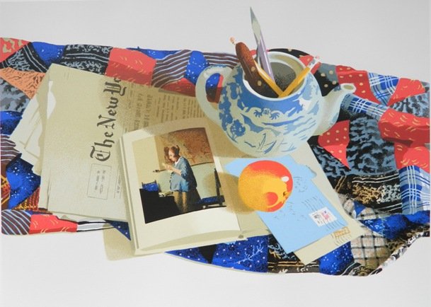 Richard Treaster silkscreen: Richard Treaster (American 1932-2002)- ''Vermeer and Times''- silkscreen in colors, 1984, signed, dated, titled and numbered 14/50 in pencil, very good condition. 16 x 22''