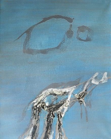 John F. Koenig oil: John F. Koenig (American 1924-2008)- ''S. F. and V''- acrylic and oil on canvas, 1965, signed, dated and titled on verso, very good condition. 32 x 25''