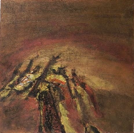 John F. Koenig mixed media: John F. Koenig (American 1924-2008)- Untitled (Abstract)- mixed media on paper, signed J. F. Koenig lower center, very good condition. 20 x 21''