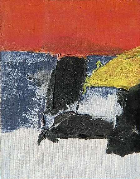 John F. Koenig mixed media: John F. Koenig (American 1924-2008)- ''Tche''- mixed media on panel, 1968, signed J. F. Koenig/ 1968 No. 25 (mai)/ Tche- verso, very good condition. 7 x 5 1/2''