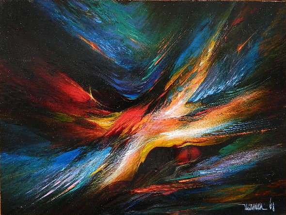 Leonardo Nierman oil: Leonardo Nierman (Mexican 1932- )- ''Vuelo Magico''- oil on masonite, 1968, signed Nierman '68 lower right, very good condition. 12 x 16''