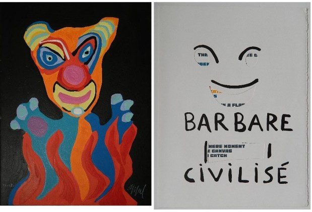 Karel Appel woodcut with embossing: Karel Appel (Dutch 1921-2006)- ''Barbare Civilise''- woodcut with embossing in colors, 1978, signed and numbered 71/130 in white pencil, from the Circus Suite, with the original die cut presentation f