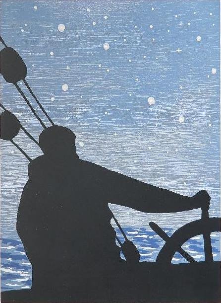 Richard Bosman woodblock: Richard Bosman (American 1944- )- ''Navigator''- woodblock in two colors, 1995, signed in pencil, edition of 250, The Print Club of Cleveland publication no. 73, very good condition. 24 x 17 1/2''