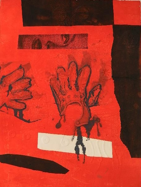 Antoni Clave aquatint: Antoni Clave (Spanish/French 1913-2005)- ''Red Hands''- aquatint in colors, c. 1970, signed and numbered 23/50 in pencil, very good condition. 26 x 20''