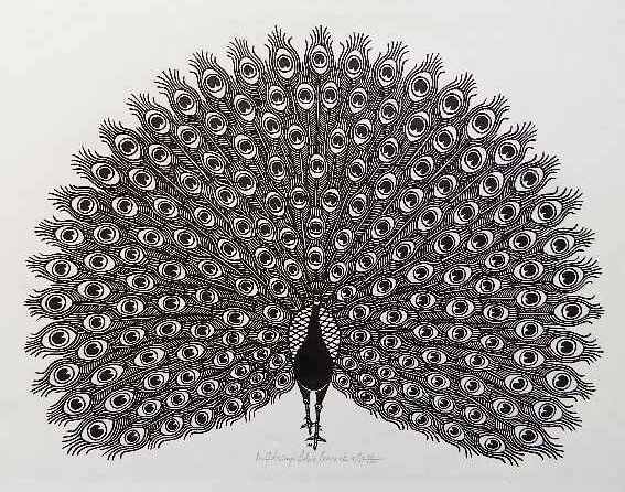 Jacques Hnizdovsky woodcut: Jacques Hnizdovsky (American 1915-1985)- ''Blue Peacock'' (Tahir 291)- woodcut, 1980, signed, titled, dated and numbered 99/175 in pencil, good condition. 13 3/4 x 18 1/4''