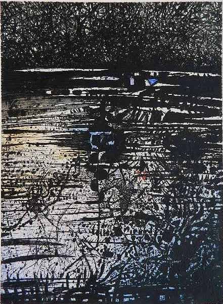 Mario Prassinos etching and aquatint: Mario Prassinos (French 1916-1985)- Untitled- etching and aquatint in colors, signed and numbered 28/75 in pencil. 23 3/4 x 17 1/2''