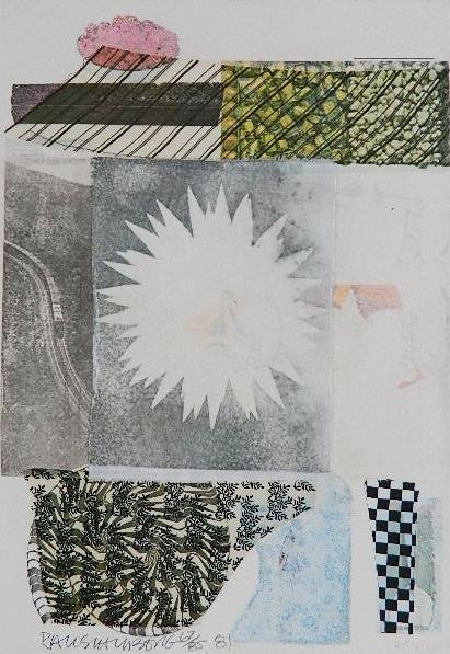 Robert Rauschenberg lithograph: Robert Rauschenberg (American 1925-2008)- ''Arcanum XII''- silkscreen in colors with collage, 1981, signed, dated and numbered 67/85 in pencil, very good condition. 21 x 15'' Provenance: Collection of